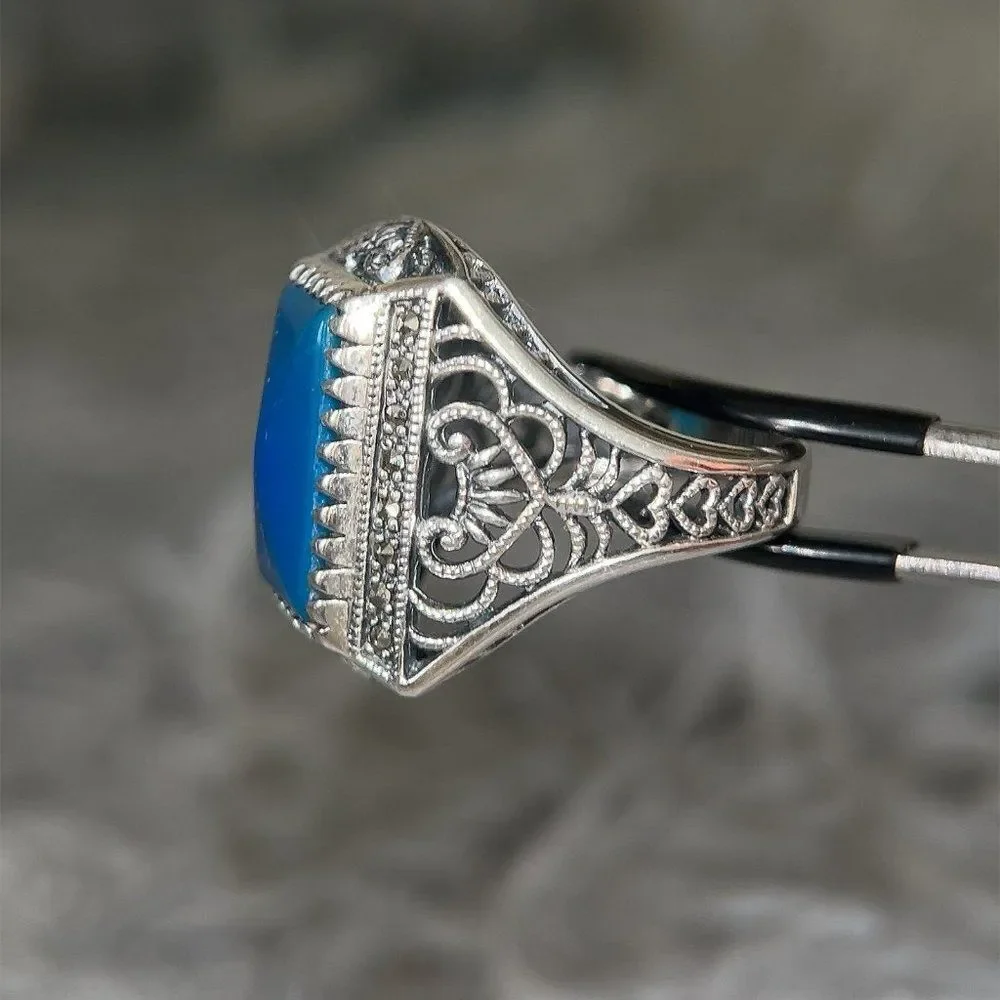 Large Sterling Silver 925‎ Blue Stone/Marcasite Ring